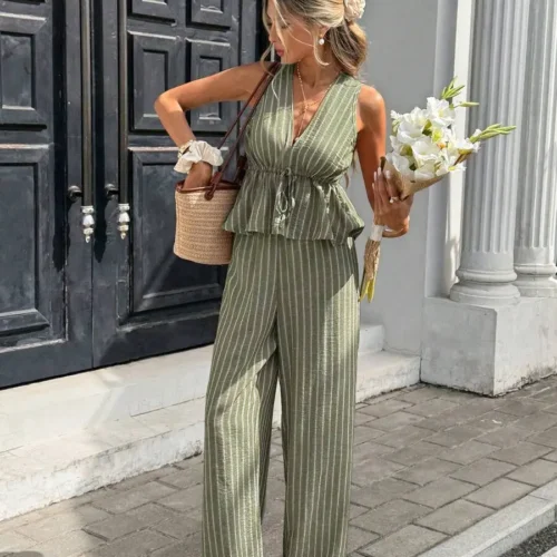 Ensemble "Riviera" – Top Peplum et Pantalon Fluide Rayé