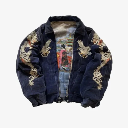 Veste Souvenir Japonaise Vintage « Sukajan » en Velours Bleu – Broderies Dragons et Aigle – Pièce de Collection
