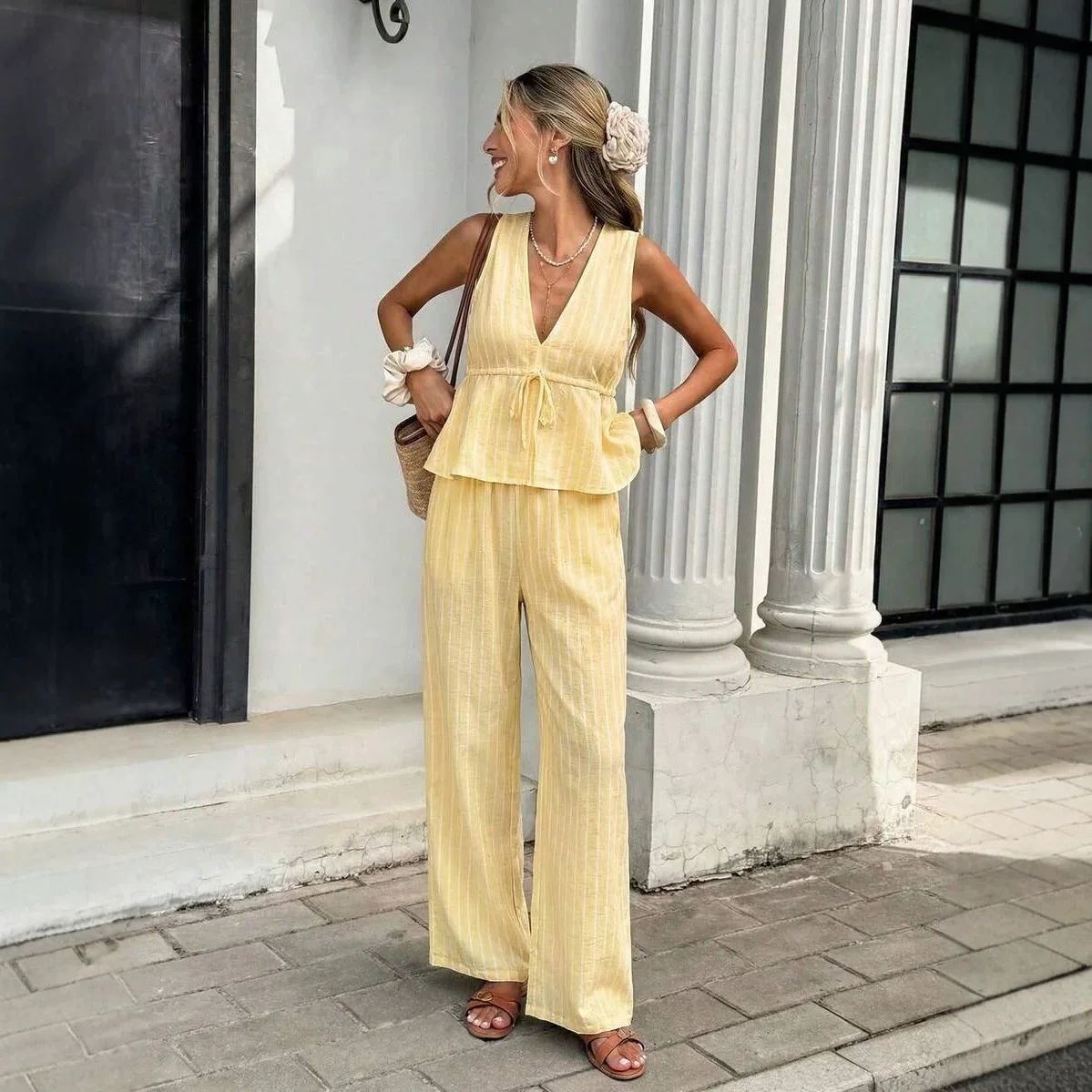 Ensemble "Riviera" – Top Peplum et Pantalon Fluide Rayé – Image 3